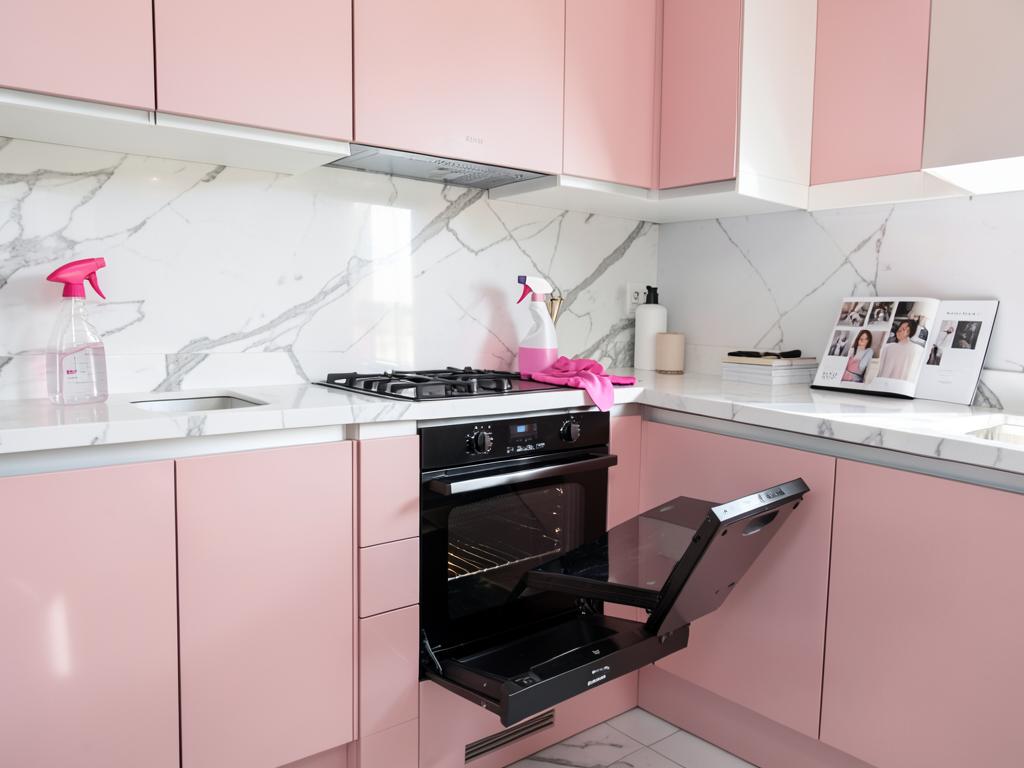 Pink and white kitchen with a gleaming open oven, pink gloves and spray bottle on marble
