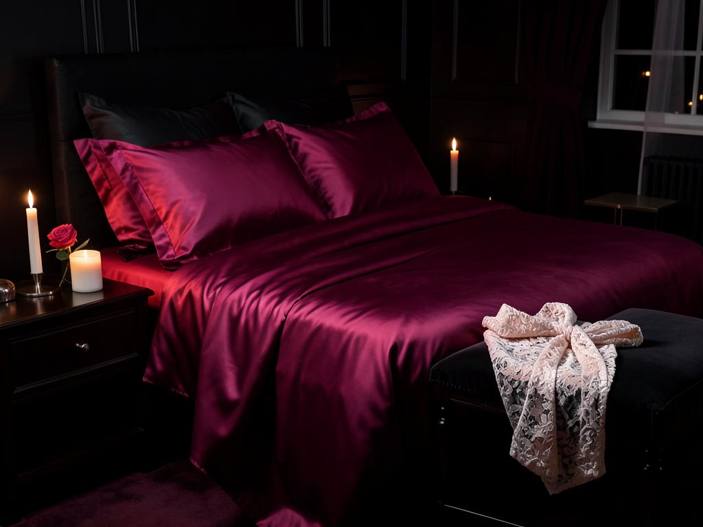 Candlelit bedroom in black and deep pink with crisp satin bedding and a lace robe