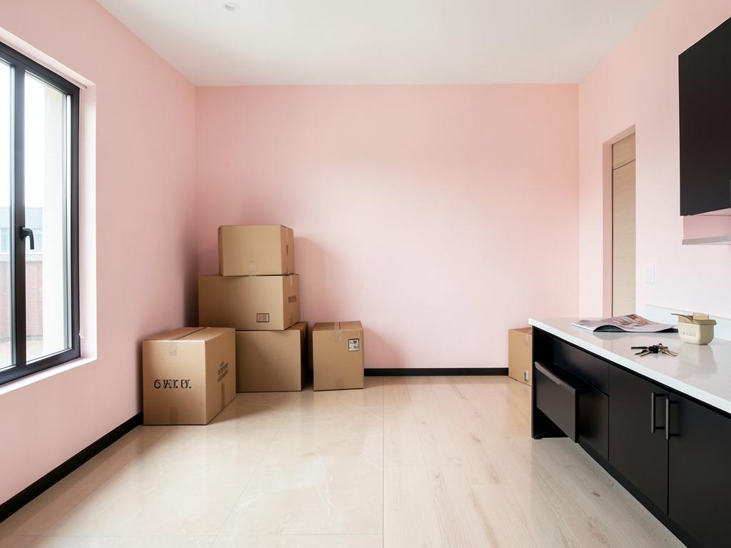 Empty freshly cleaned apartment with moving boxes and keys on the counter