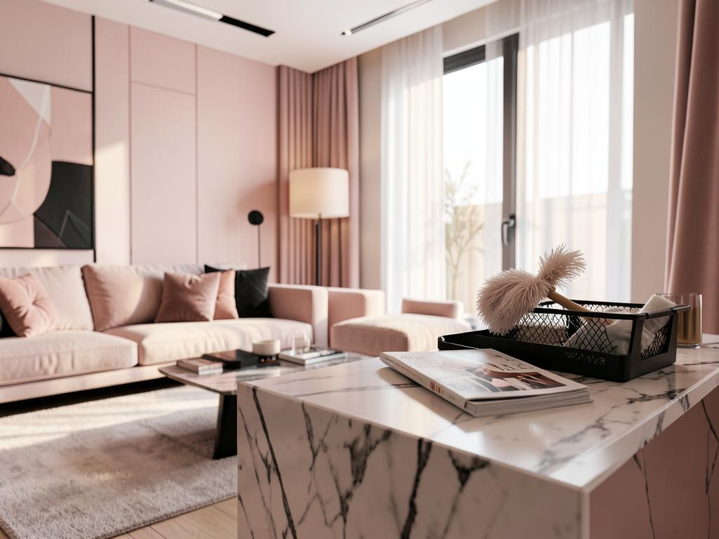 Spotless pink and black living room with a feather duster on a marble console